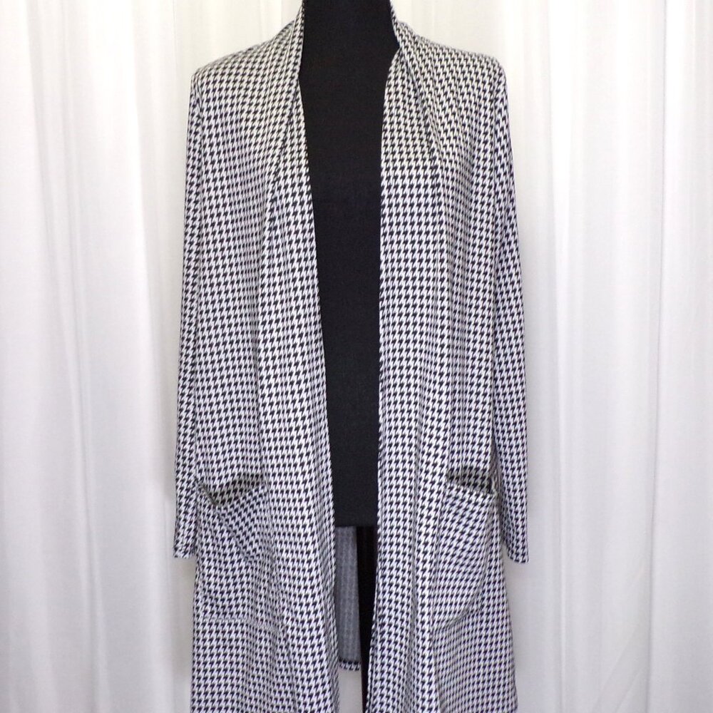 Ambrie Houndstooth Open Front Sweater Womens MED Black White Long Pockets USA